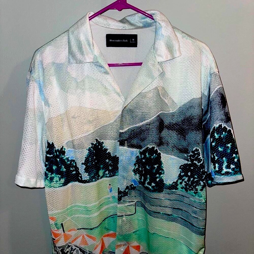 Abercrombie & Fitch Camp Collar Mesh Button-Up Shirt - Size Medium - Forest - Picture 1 of 3